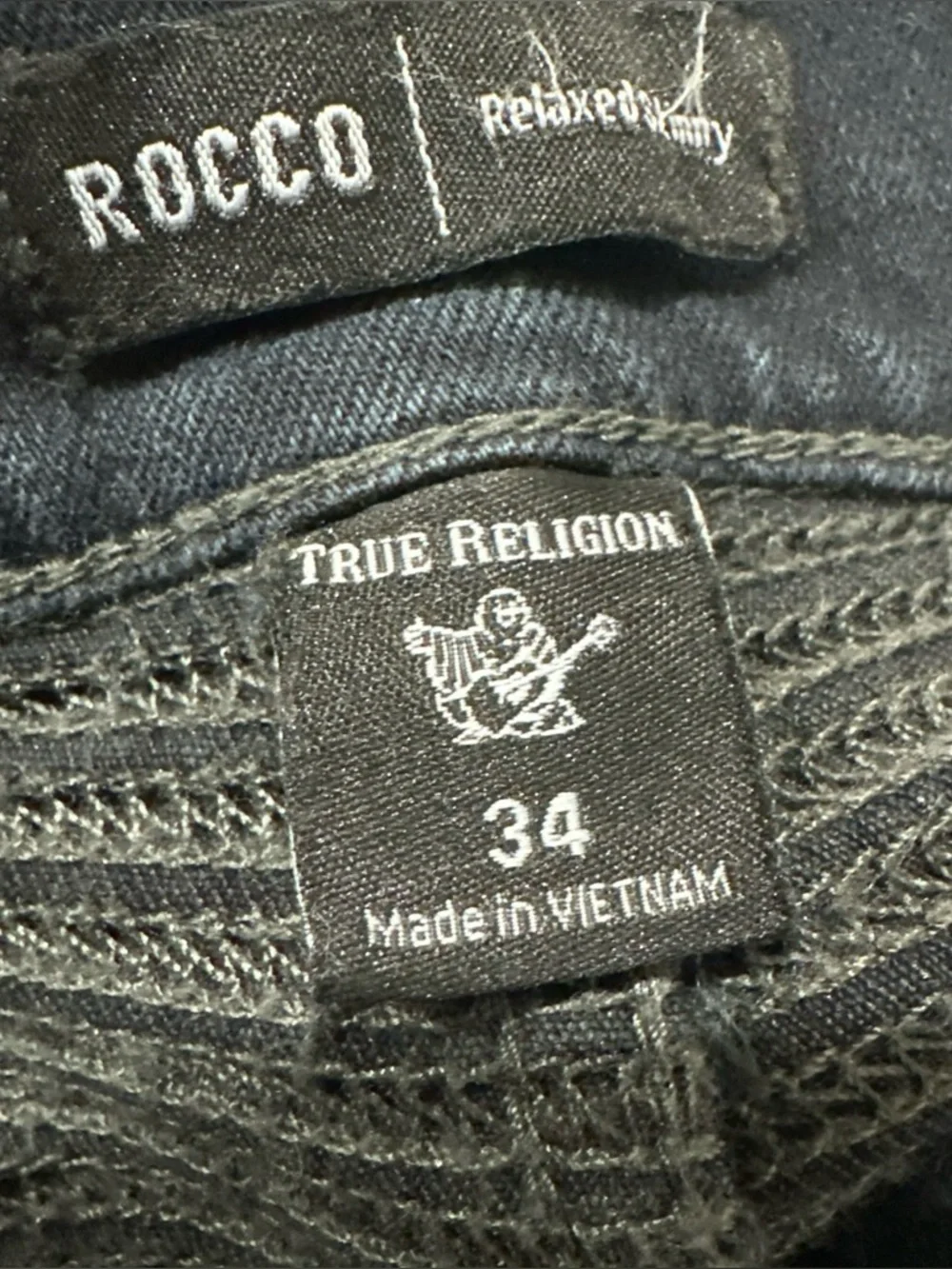 True Religion Rocco Men's Sz 34 Relaxed Skinny Moto Jean Dark Wash Ribbed Panels